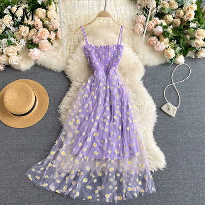 Korean Chic: YuooMuoo Daisy Flower Print Mesh Party Dress - Summer Spaghetti Strap Midi Dress, Two Layers, Beach Vacation Vestidos