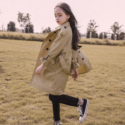 Teen Girls Long Trench Coat for Ages 4-13 - New Fashion England Style Windbreaker Jacket, Spring/Autumn Children's Clothing