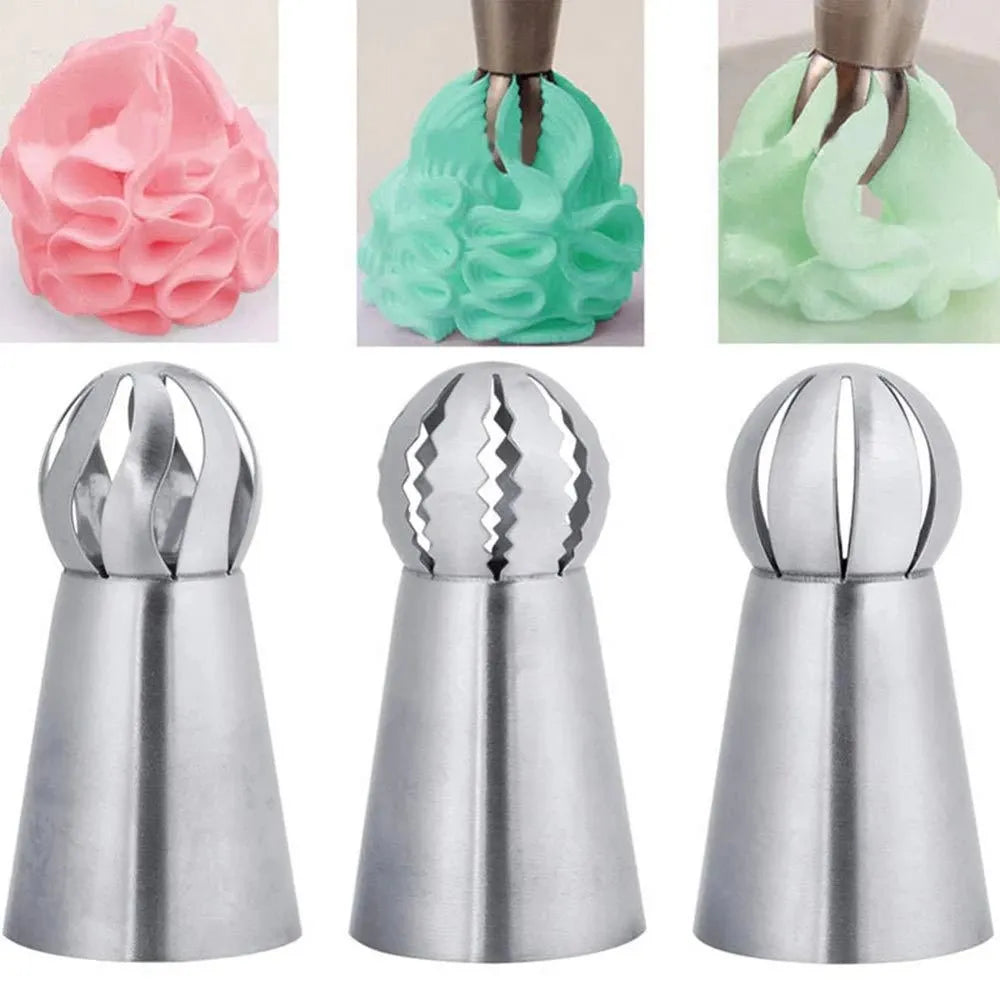 Russian Piping Nozzle - 3 Styles Sphere Ball Icing Tips for Confectioners, Pastry, Sugarcraft, Cupcake Decorating, and Kitchen Bakeware Tools