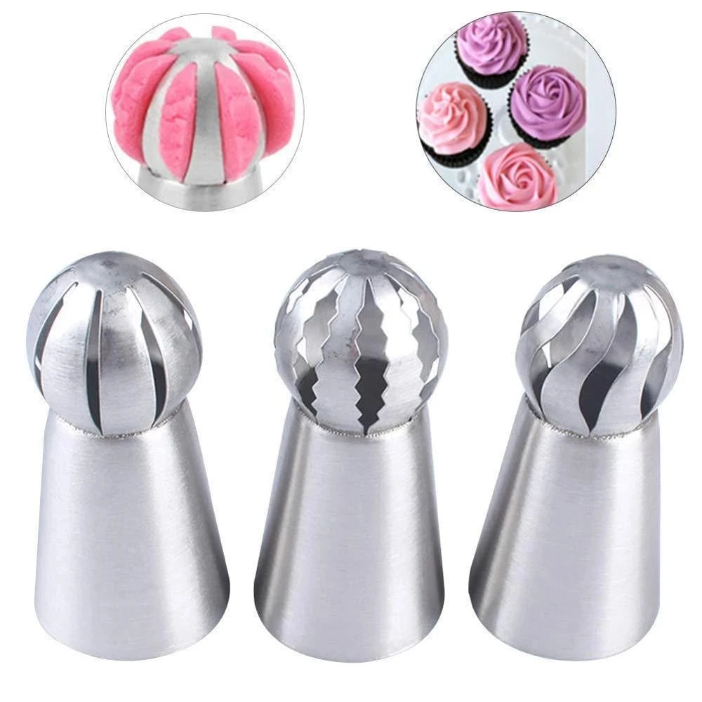 Russian Piping Nozzle - 3 Styles Sphere Ball Icing Tips for Confectioners, Pastry, Sugarcraft, Cupcake Decorating, and Kitchen Bakeware Tools
