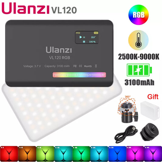 Ulanzi VL120 RGB LED Video Light: Full-Color Rechargeable Camera Light with Dimmable 2500-9000K Panel for Photo Studio