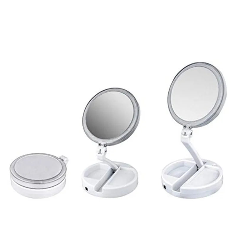 Portable Folding LED Makeup Mirror - 1x/10x Magnifying, Double-Sided, USB or Battery Operated, 270° Rotation