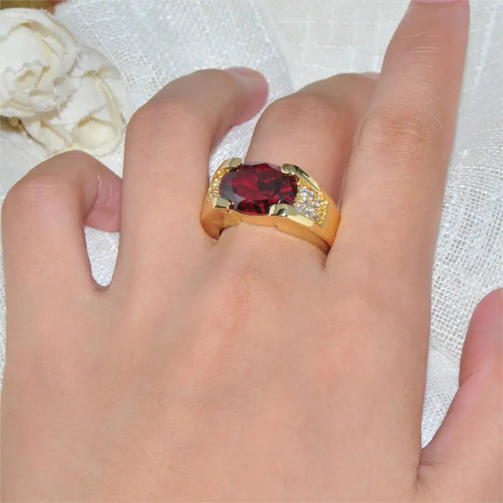 Luxury Oval Zircon Engagement Ring - Red Crystal Stone, 18KT Yellow Gold Colored Thin Wedding Ring for Men and Women