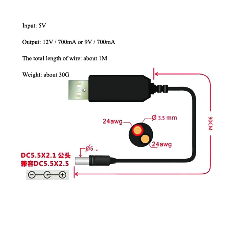 USB Power Boost Line – DC 5V to 9V/12V Step-Up Module USB Converter Adapter Cable with 2.1x5.5mm Plug