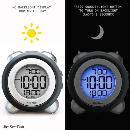 Digital Alarm Clock with Time and Date Display - Twin Bell, Very Loud for Heavy Sleepers, Dual Alarm with Blue Backlight - Ideal for Teens