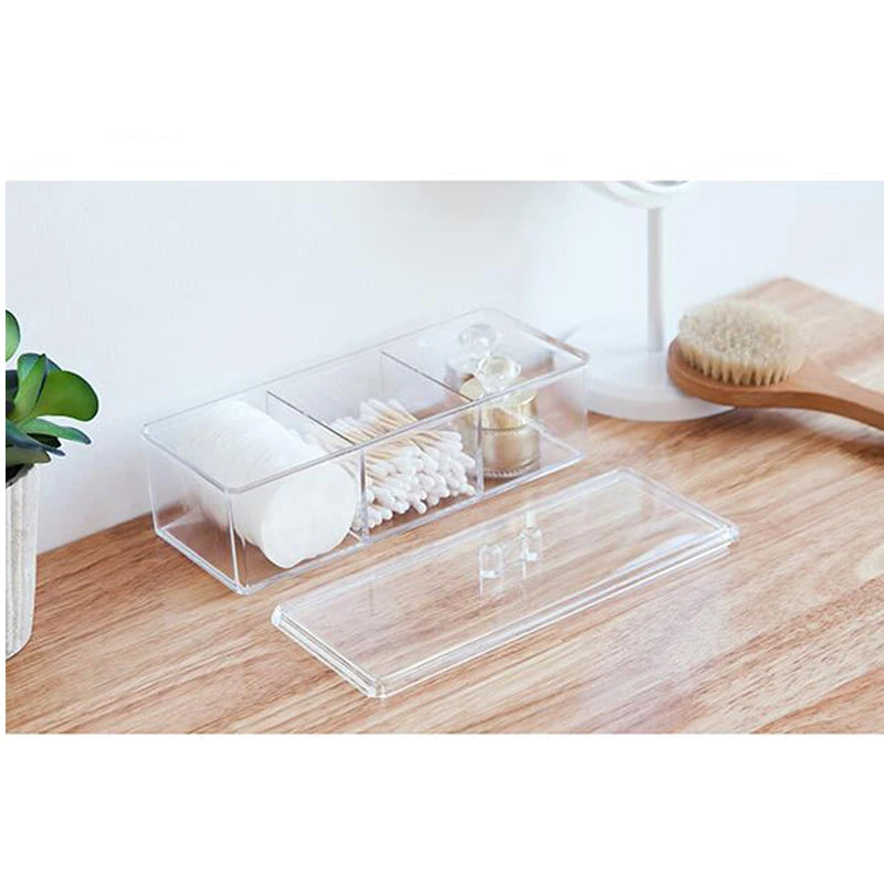 Transparent Cosmetic Storage Box - Three-Color Makeup Organizer for Cotton Swab and Cotton Pad Storage, Desktop Acrylic Material