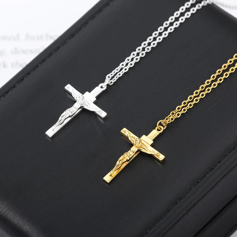 Christian Jesus Cross Necklace - Stainless Steel Choker for Men and Women, Religious Cross Pendant Jewelry for Prayer and Baptism Gifts