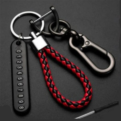 Anti-Lost Car Keychain | Phone Number Card Keyring | Leather Braided Rope | Auto Vehicle Key Chain Holder | Gift for Husband