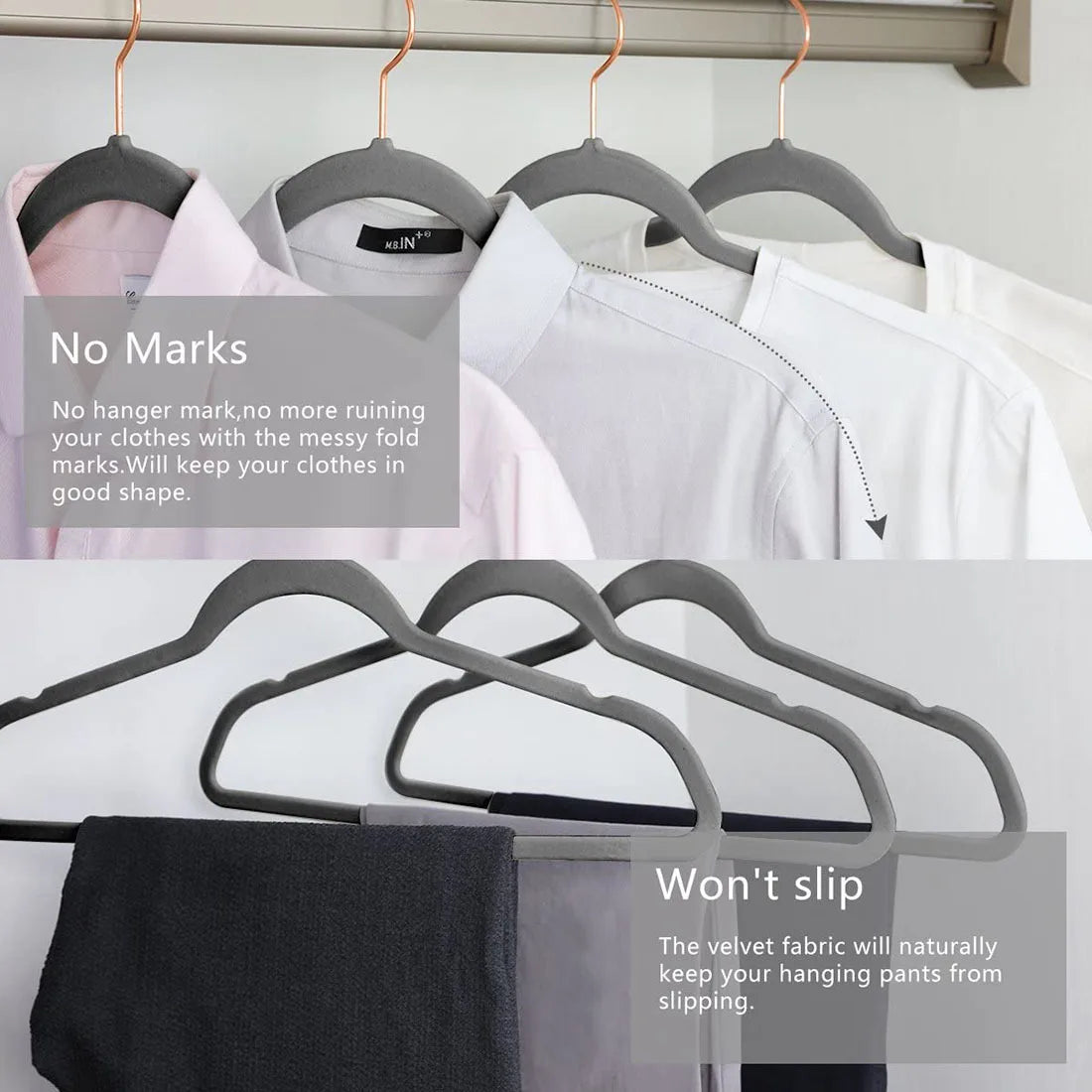 43CM Gray Velvet Non-Slip Hangers - Plastic Flocking Magic Hangers for Clothing Stores, Traceless Coat Organizer