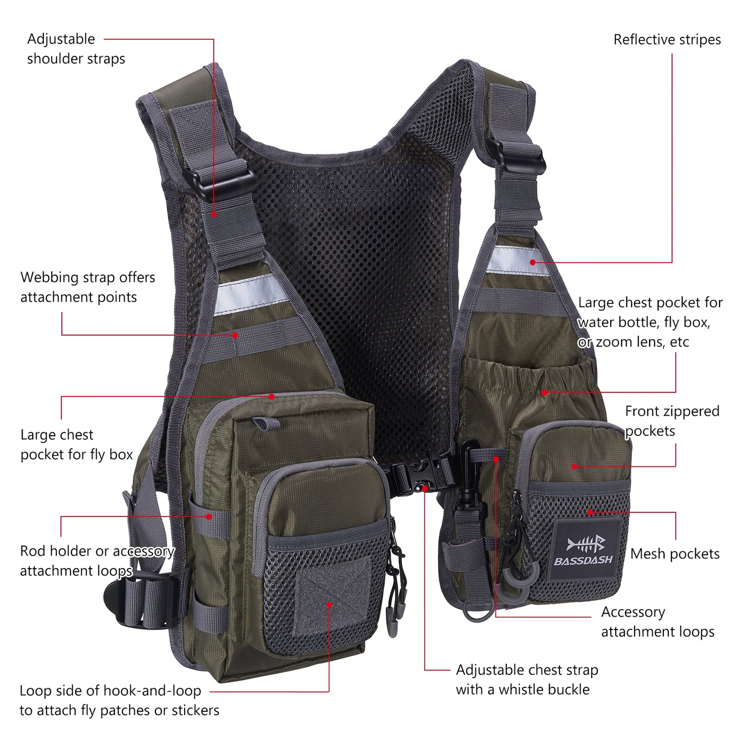 Bassdash FV08 Ultra Lightweight Fly Fishing Vest - Portable Chest Pack for Men and Women, One Size Fits Most