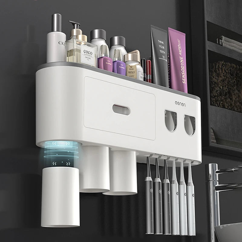 Wall-Mounted Toothbrush Holder with Dispenser: Punch-Free Bathroom Storage for Home - Waterproof Bathroom Accessories