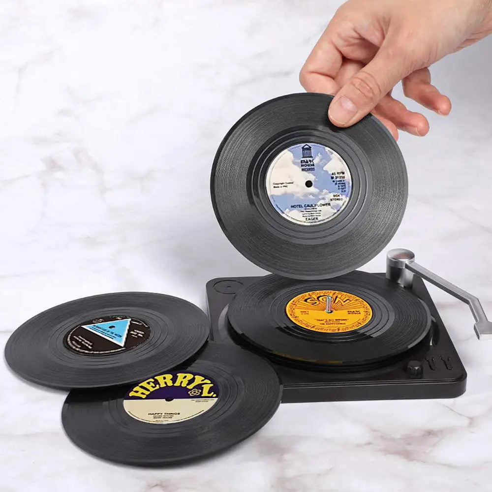 Set of 6 Vinyl Coasters – Retro Music Coasters with Vinyl Record Player Holder | Creative Record Disk Mug Pad Mat for Drinks