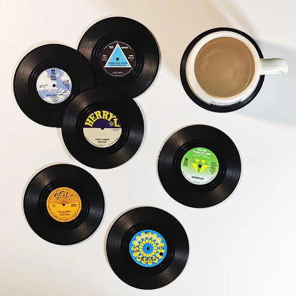 Set of 6 Vinyl Coasters – Retro Music Coasters with Vinyl Record Player Holder | Creative Record Disk Mug Pad Mat for Drinks