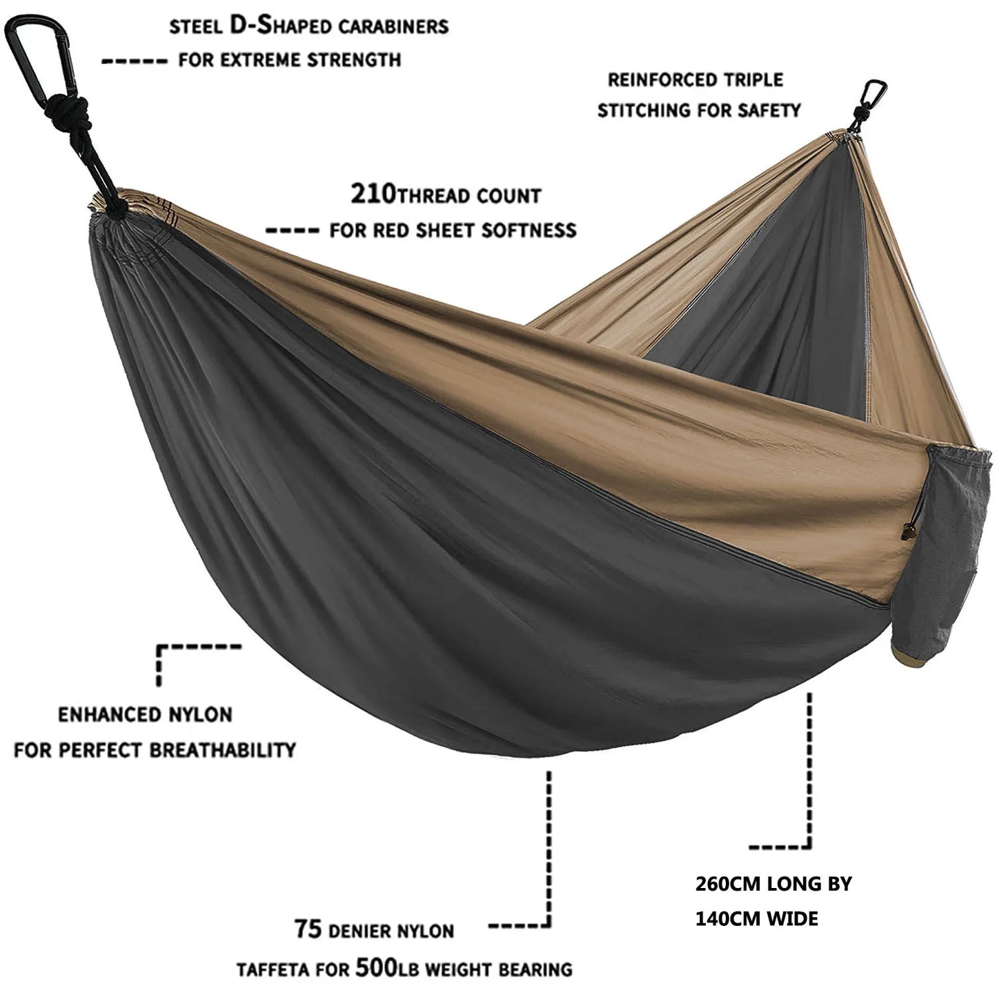 Solid Color Parachute Hammock with Straps and Carabiner: Double Person Camping Survival Travel Outdoor Furniture