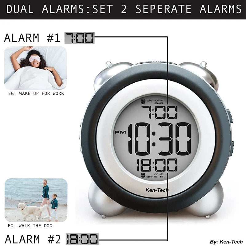 Digital Alarm Clock with Time and Date Display - Twin Bell, Very Loud for Heavy Sleepers, Dual Alarm with Blue Backlight - Ideal for Teens