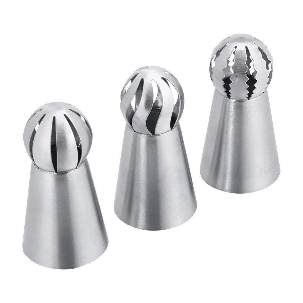 Russian Piping Nozzle - 3 Styles Sphere Ball Icing Tips for Confectioners, Pastry, Sugarcraft, Cupcake Decorating, and Kitchen Bakeware Tools