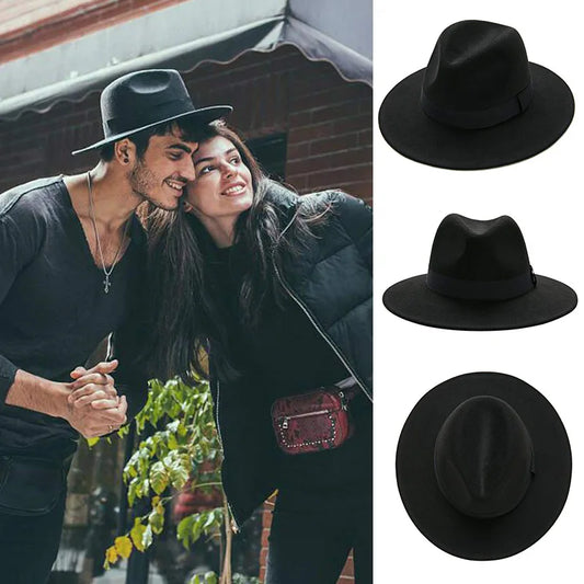 Unisex Black Fedora Hat – Wide Brim Jazz Panama Top Hat for Autumn and Winter – Classic Gentleman Style