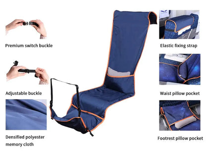 Adjustable Footrest Hammock with Inflatable Pillow - Seat Cover for Planes, Trains, and Buses