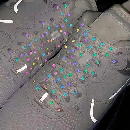 Holographic Reflective Star Shoelaces - Double-Sided High-Bright Luminous Flat Laces for Sneakers