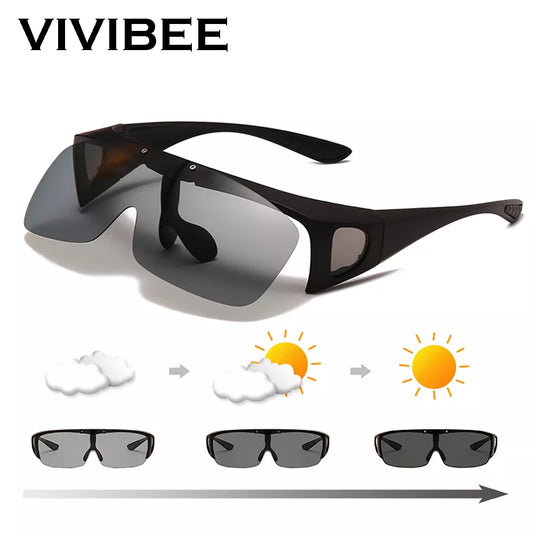 VIVIBEE Polarized Fit Over Glasses Sunglasses - Flip Up Design for Men Driving, Fishing, Outdoor Activities - UV400 Photochromic Goggles for Myopia Women