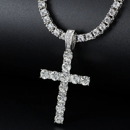 Hip Hop Cross Pendant Necklace – Shiny 4MM Zircon Tennis Chain, Iced Out Bling Jewelry for Men and Women, Exquisite Fashion Gift