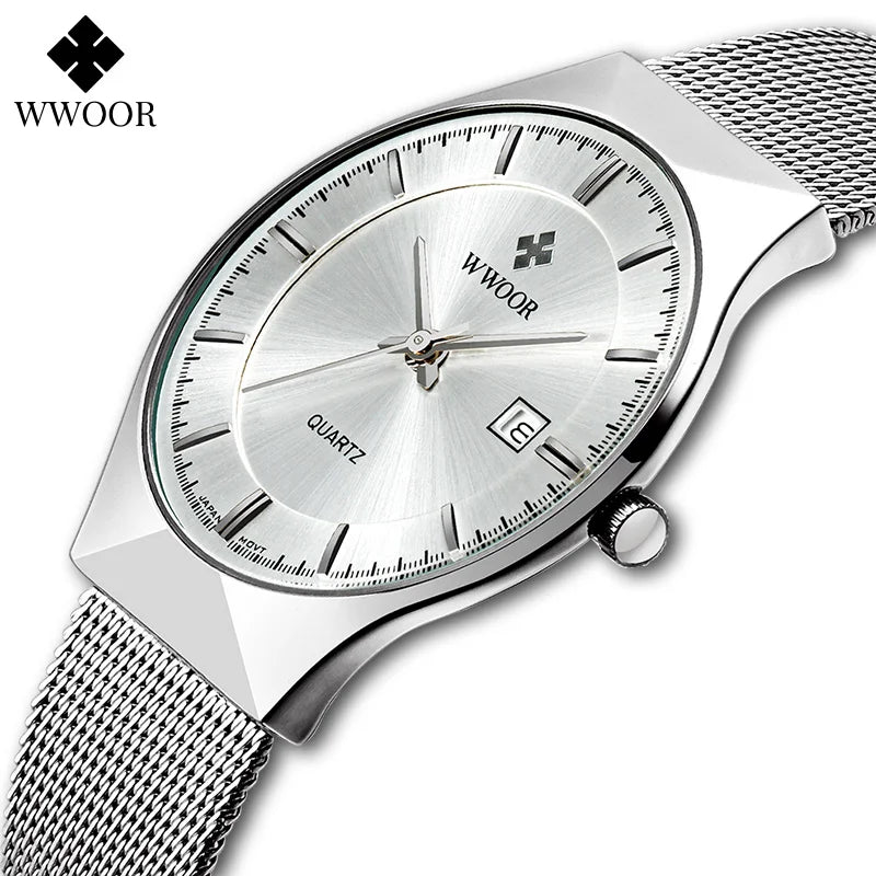 WWOOR Silver Men’s Watch – Luxury Ultra Thin Quartz, Mesh Steel, Waterproof, Date Business Wristwatch with Box