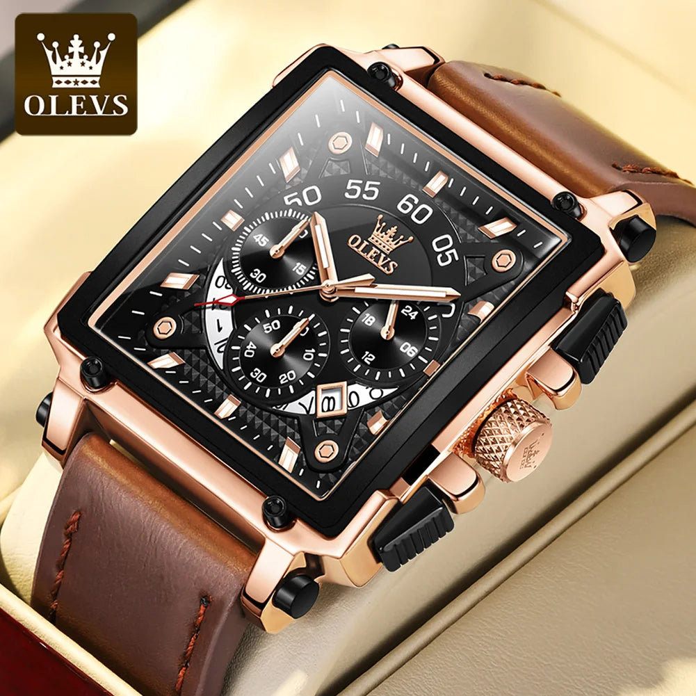 OLEVS Top Brand Men's Quartz Watch – Square Design, Waterproof, Leather Strap, Sport Clock, Relogio Masculino