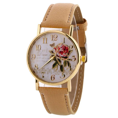 Rose Flower Round Dial Watch – Elegant Women’s Quartz Wristwatch with Faux Leather Band and Arabic Numbers – Montre Femme, Perfect Christmas Gift