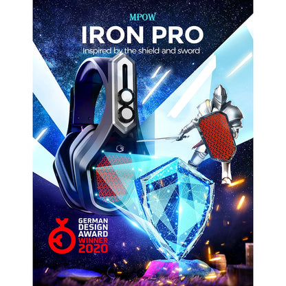 Mpow Iron Pro Wireless Gaming Headset - USB/3.5mm Headphones with Noise-Canceling Mic, 3D Surround Sound, 20h Playback for PS5, PS4, and PC Gamers