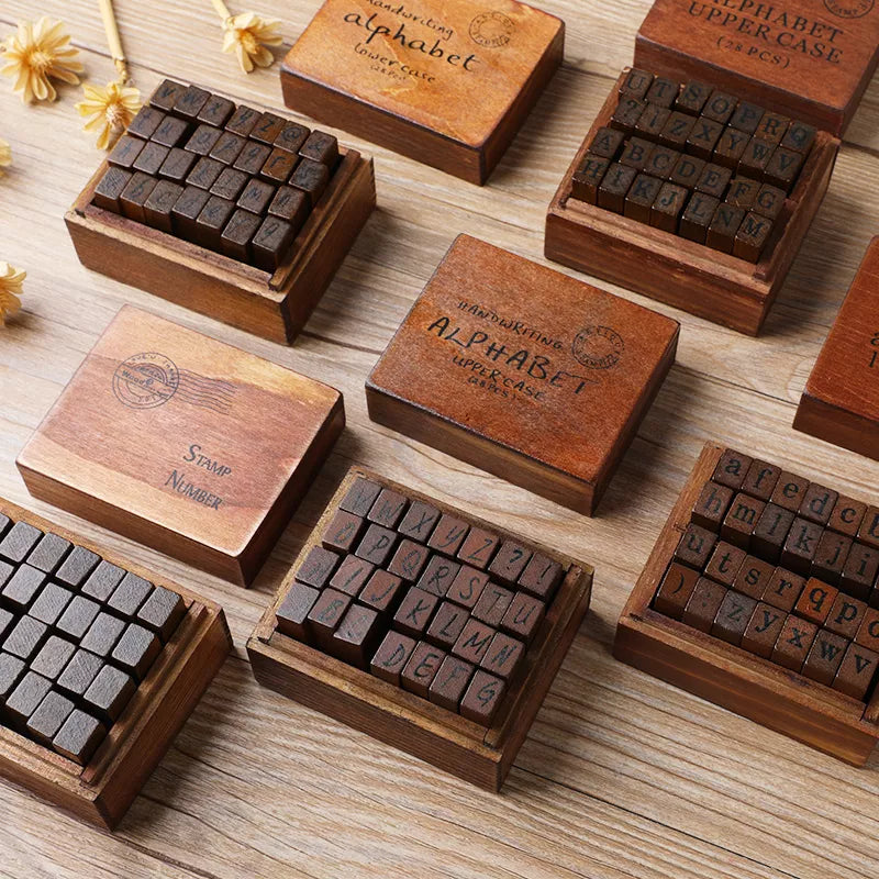 Yoofun 28pcs Vintage Wooden Alphabet Stamps: Rubber Letter Stamp Set for Craft, Card Making, Scrapbooking