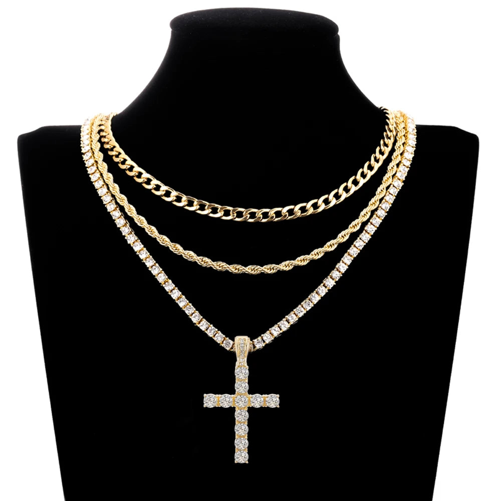 Hip Hop Cross Pendant Necklace – Shiny 4MM Zircon Tennis Chain, Iced Out Bling Jewelry for Men and Women, Exquisite Fashion Gift