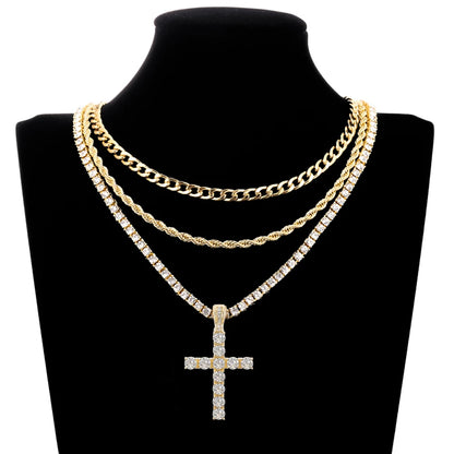 Hip Hop Cross Pendant Necklace – Shiny 4MM Zircon Tennis Chain, Iced Out Bling Jewelry for Men and Women, Exquisite Fashion Gift