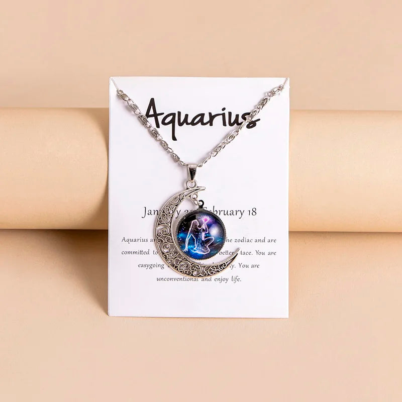 Vintage Zodiac Sign Moon Pendant Necklaces - Galaxy Star Glass with Gift Cards, 12 Signs Available