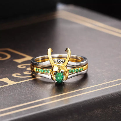 Loki Ring Sets For Women - Superhero Thor Green Crystal Matching Crown Helmet Rings - Stacking Jewelry for Unisex Cosplay - Accessory 03