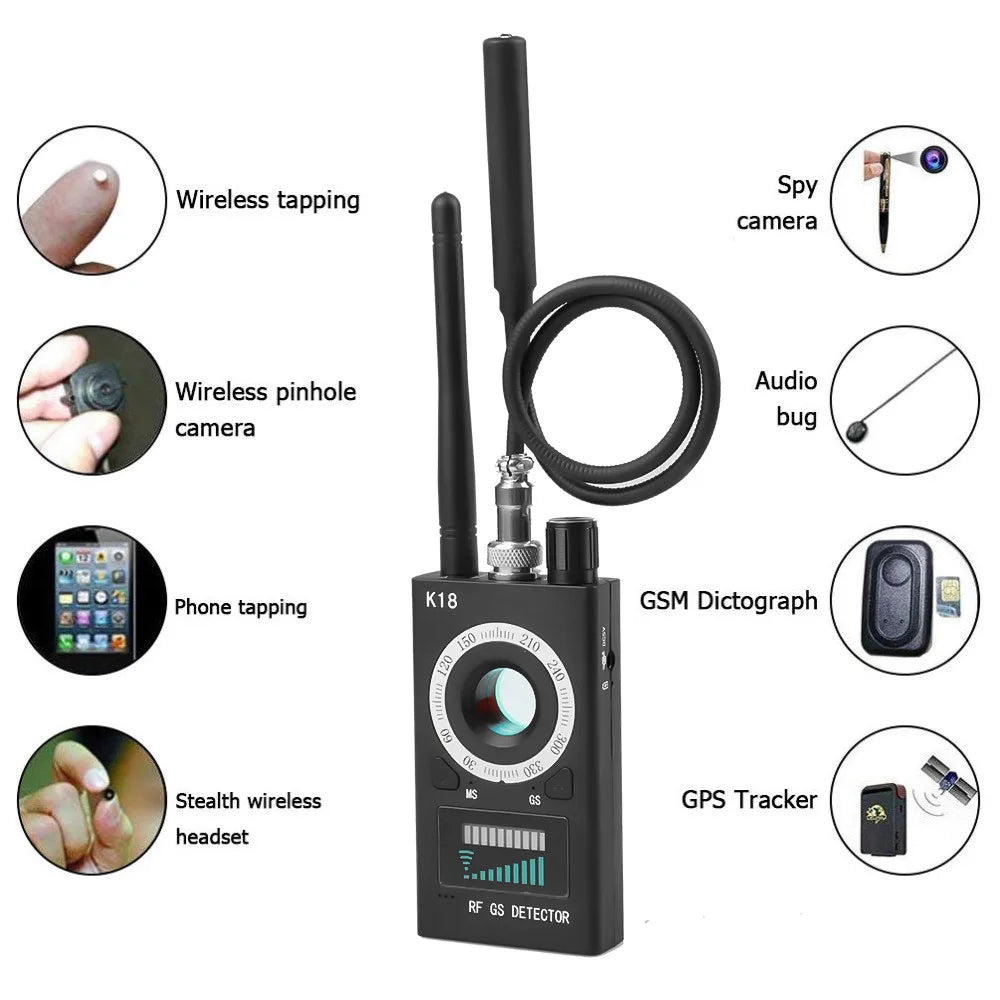 K18 Multi-Function Anti-Spy Camera Detector - Wireless Lens Device Finder, 1MHz-6.5GHz GSM Audio Bug and GPS RF Signal Tracker