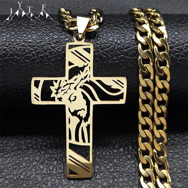 Hip Hop Punk Crown of Thorns Jesus Cross Necklace - Gold Plated Stainless Steel Crucifix Pendant for Men, Jewelry N8052