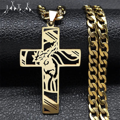 Hip Hop Punk Crown of Thorns Jesus Cross Necklace - Gold Plated Stainless Steel Crucifix Pendant for Men, Jewelry N8052