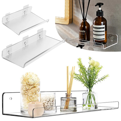 Clear Acrylic Floating Shelf - Self-Adhesive Storage for Wall Decoration, Bookshelf, Bathroom Soap Dispenser Holder