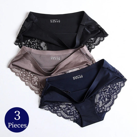 WHPC 3PCS/Set Lace Women's Panties: Big Size 4XL Silk Satin Briefs - Soft Cozy Underwear, Breathable Sexy Lingerie