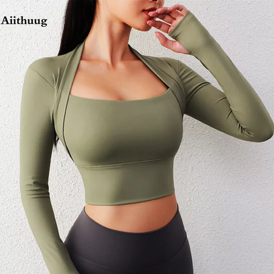 Aiithuug Long Sleeve Padded Yoga Crop Tops - Low Cut Gym Shirts with Insert Pads, Slim Fit Workout Gym Tops for Sexy Sports