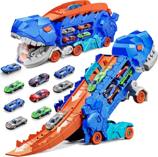 Dinosaur Transporter Truck Toy – Foldable Track with Alloy Car and Transforming Dinosaur | Gift for Toddler Boys