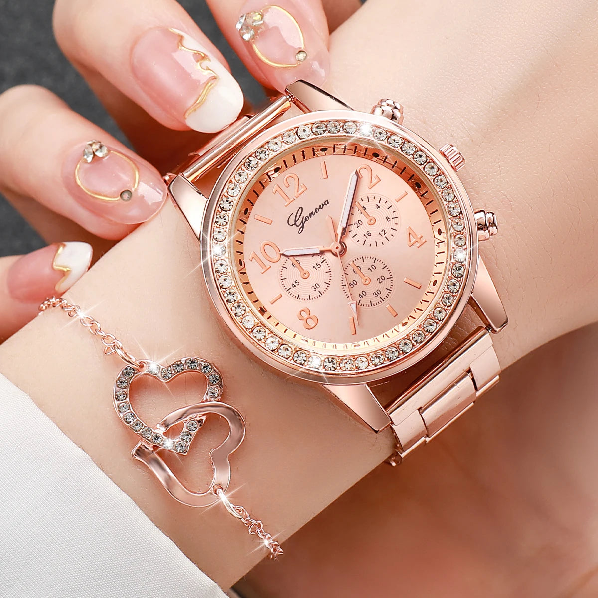 6PCS Women's Rhinestone Watch and Jewelry Set - Fashion Quartz Watch with Stainless Steel Band and Double Heart Design (Without Box)