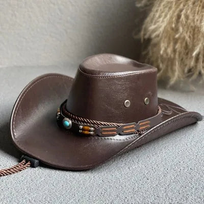 Faux Leather Western Cowboy Hat for Men and Women - Vintage Gentleman Panama Cowgirl Jazz Cap, Sombrero Hombre