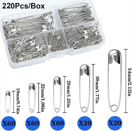 220Pcs Safety Pins - Assorted Sizes, Large and Small, High Strength Steel Wire, Gold and Silver for Clothes Sewing