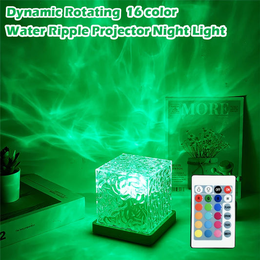 Dynamic Water Ripple Night Light – 16 Color Projector Lamp with USB Remote, Cool LED Ambient Light for Bedroom and Gaming Room Decor