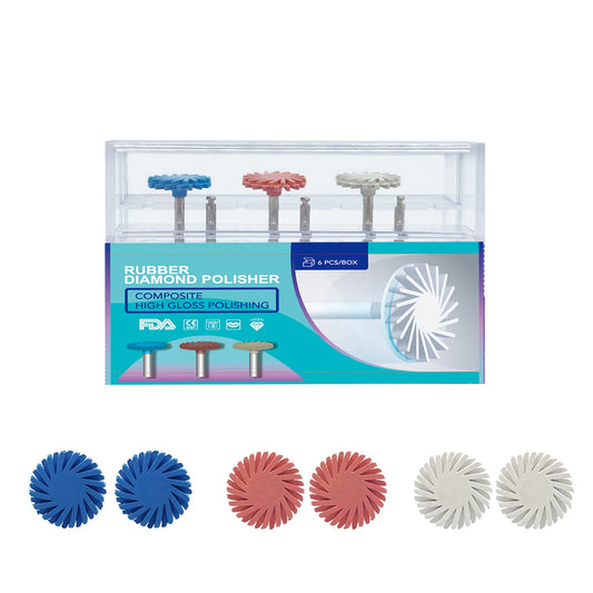 6Pcs Dental Rubber Polisher Composite Resin Polishing Kit | 14mm Wheel Discs with 3 Colors Spiral Flex Brushes