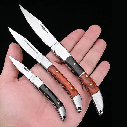 Stainless Steel Sharp Folding Knife with Wooden Handle - Portable Pocket Survival Tool for Outdoor Camping and Fruit Peeling