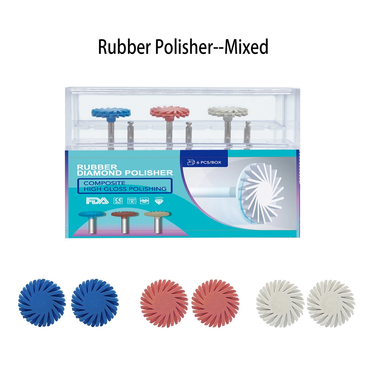 6Pcs Dental Rubber Polisher Composite Resin Polishing Kit | 14mm Wheel Discs with 3 Colors Spiral Flex Brushes