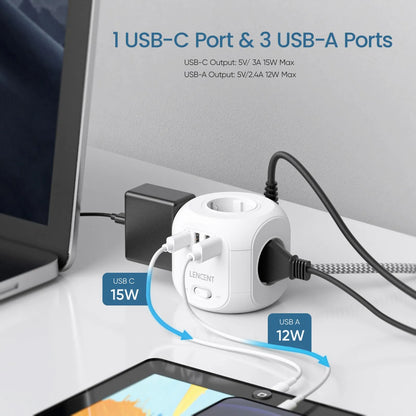 LENCENT EU Plug Power Strip - 4 AC Outlets, 3 USB Ports, 1 Type C, 2M/3M Braided Cable - Multi Socket with Switch for Home