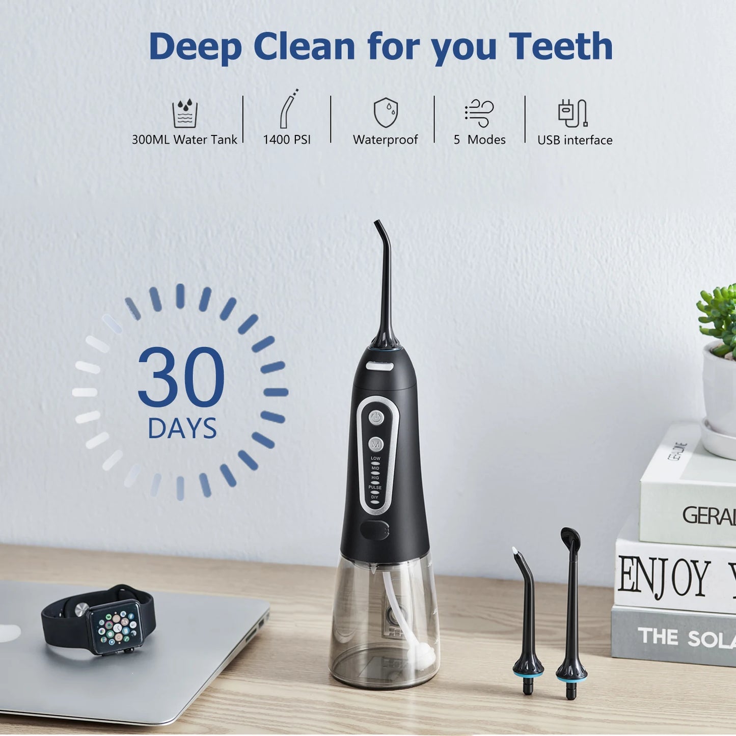 USB Rechargeable Oral Irrigator - Portable Dental Water Jet with 300ML Water Tank - Waterproof Teeth Cleaner for Oral Care